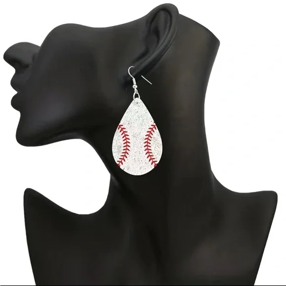 Baseball Softball Teardrop Wooden Dangle Earrings - Picture 2 of 5